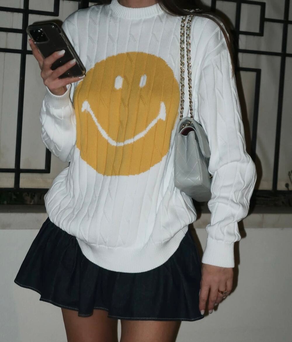 Joshua Sanders x Smiley Unisex Smile Chunky Cable Knit Sweater Crew Neck, White